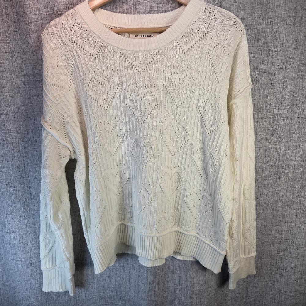 Lucky Brand Women's Heart Stitch Sweater Large White Pullover‎ Boxy Round Neck